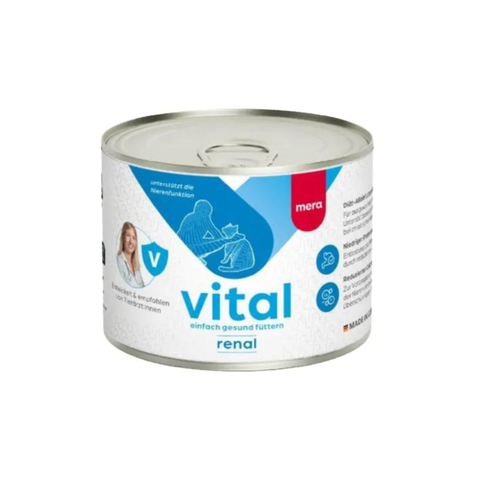 Can of 'vital' pet food with branding on a white background