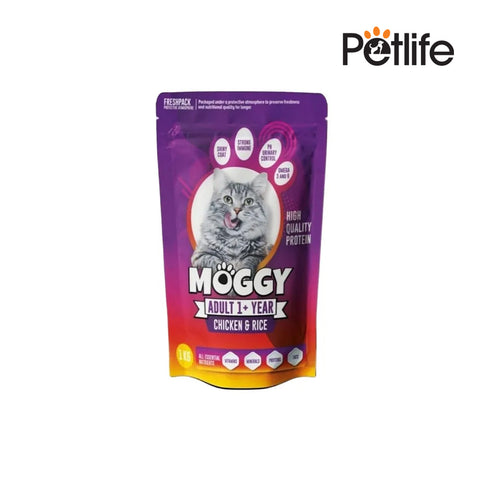 Cat food package with 'Moggy' branding on a white background