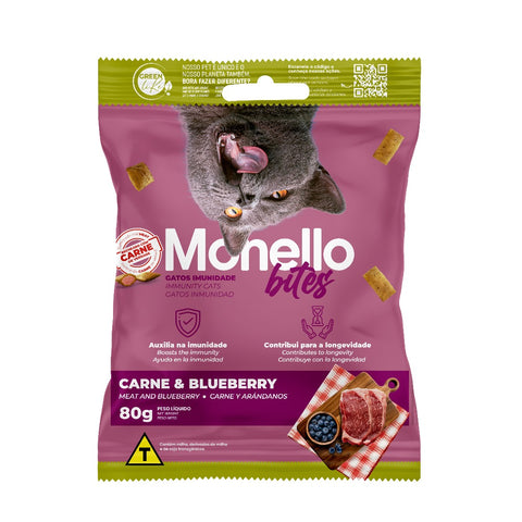 Cat food package with a gray cat on the label, featuring the brand 'Monnelo'.