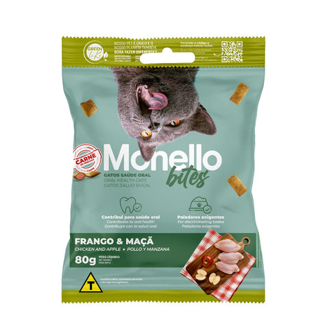 Package of Monnello bites cat treats with a gray cat on the label.
