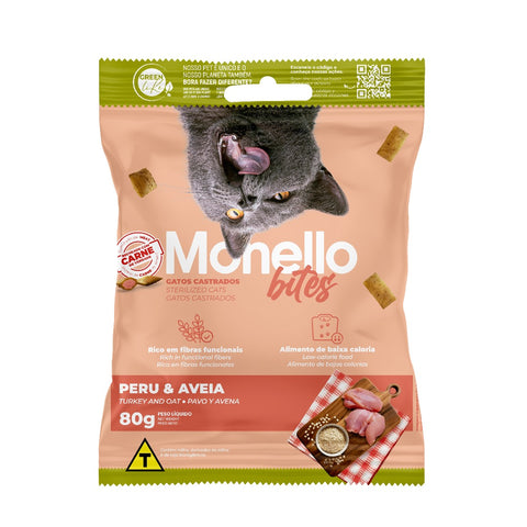 Package of Monello bites cat food with a cat on the front, featuring turkey and oats.