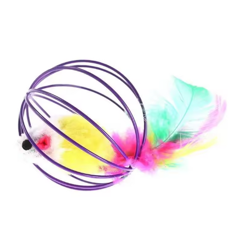 Colorful cat toy with a purple frame and feather attachments on a white background