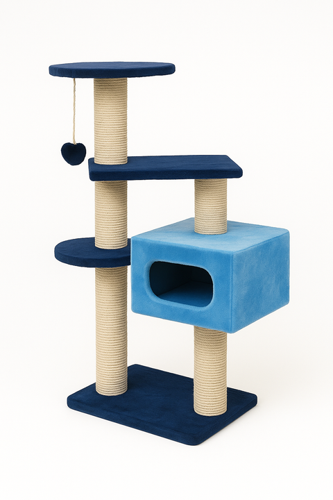 Cat tree with blue and beige design on a white background