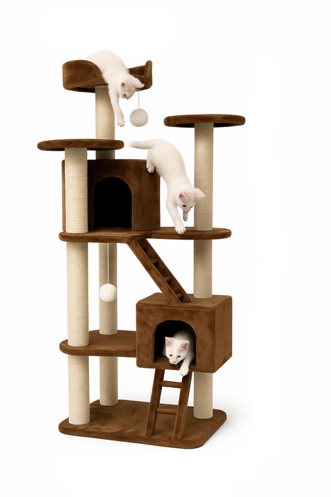 Cat tree with multiple levels and platforms, featuring cats on different levels, with height and base measurements indicated.