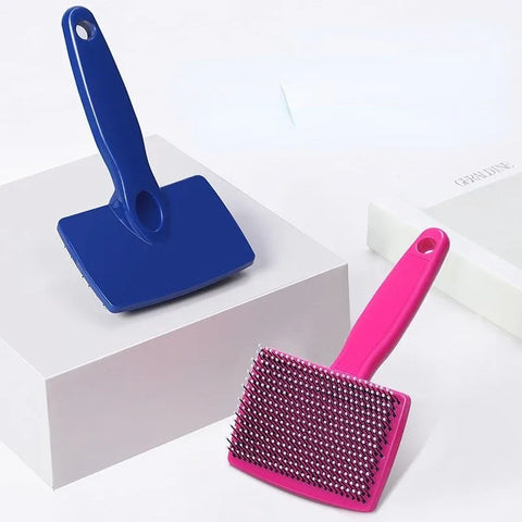 Blue and pink pet grooming brushes on a white background