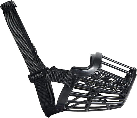 Black dog muzzle with a strap on a white background