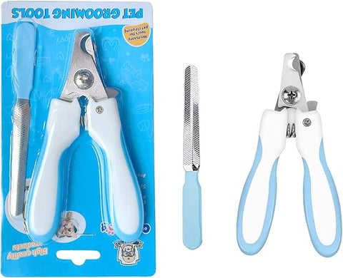 Pet grooming tools set with nail clippers and scissors on a white background