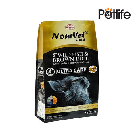 Nourvet Gold Wild Fish & Brown Rice cat food package on a white background