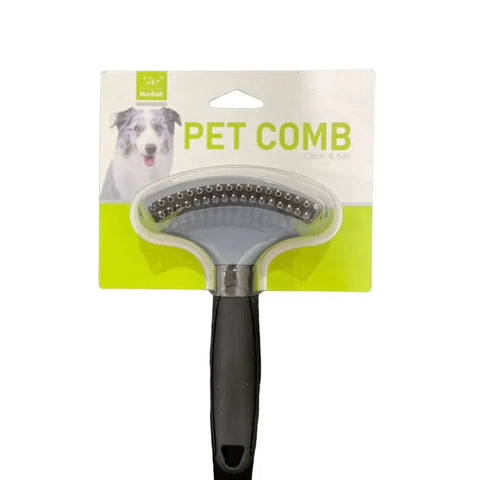 Pet comb on a white background with a green label featuring a dog illustration.