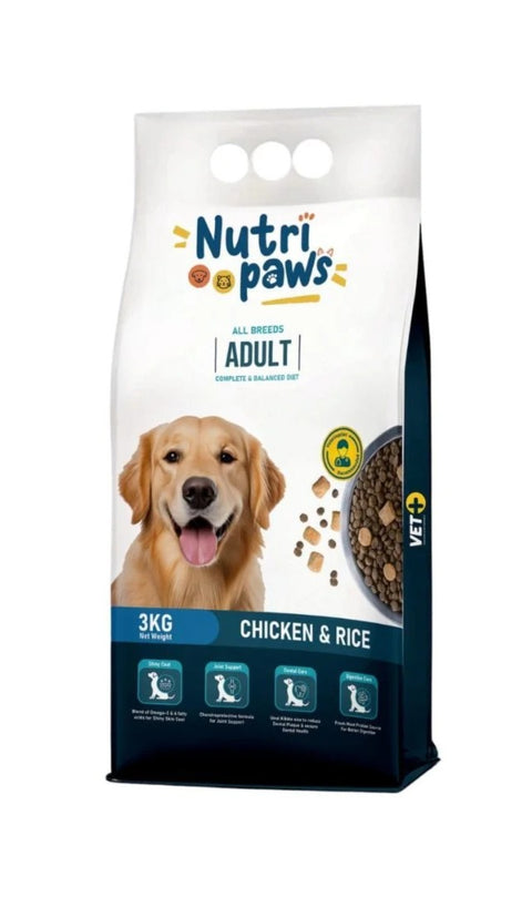 Nutri Paws dog food package with a golden retriever on a white background