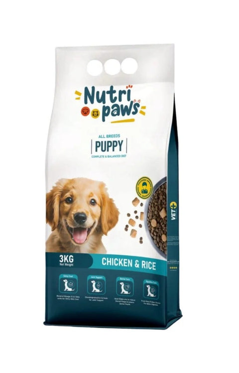 Nutri Paws Puppy food package with a dog on the label