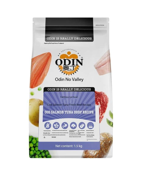 Odin pet food package with ingredients and branding on a white background