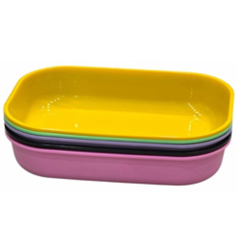 Stack of colorful plastic trays on a white background