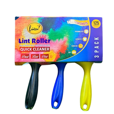 Three lint rollers with colorful packaging on a white background