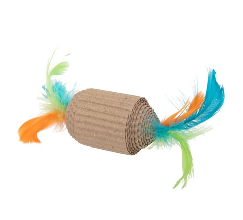 Cat toy with cardboard core and colorful feathers on a white background