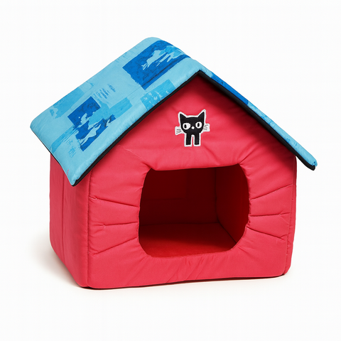 Red pet house with a blue roof featuring a cat design on a white background