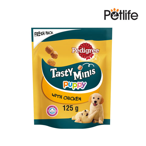 Pedigree Tasty Minis Puppy with Chicken dog food package on a white background