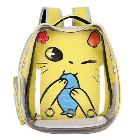 Yellow backpack with cartoon character design on a white background