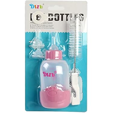Pink pet bottle set with accessories on a blue and white background