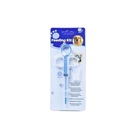 Pet feeding kit packaging with blue and white design on a white background