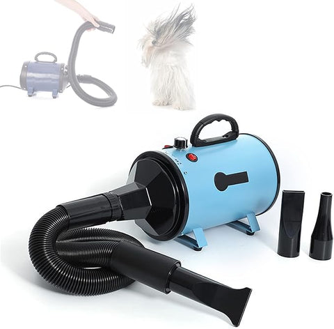 Blue and black hair dryer with attachments on a white background