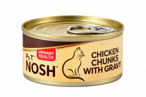 NOSH Chicken Chunks with Gravy Wet Cat Food Can, Urinary Health Formula, Premium Chicken Cat Food on White Background