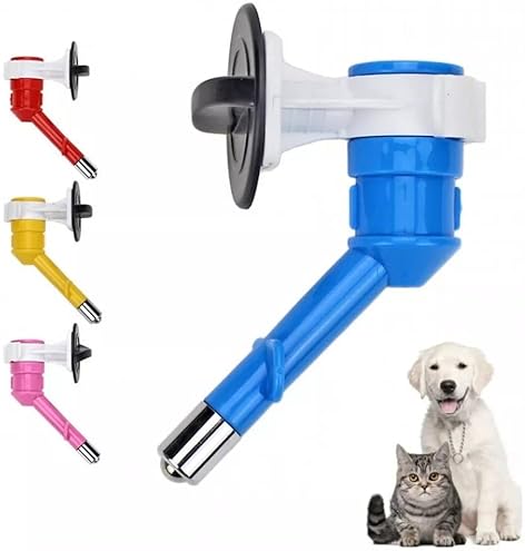 Blue pet water fountain with multiple nozzles and three pets (dog, cat, and rabbit) at the bottom.
