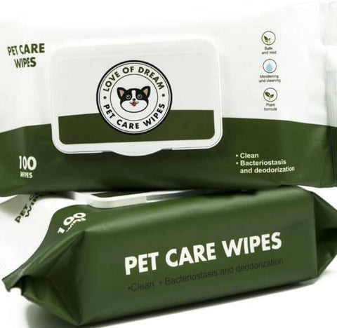 Two packages of Love of Dream Pet Care Wipes on a white background