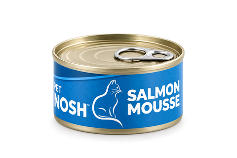 Pet Nosh Salmon Mousse Wet Cat Food 85g Can – Blue Label, Omega-3 Rich Salmon Recipe, 100% Natural Ingredients, and Easy-Open Gold-Tone Lid.