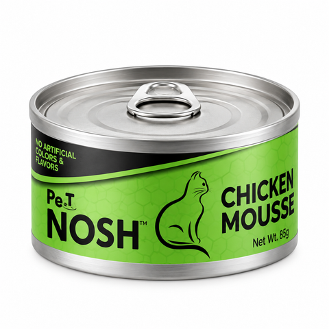 Pet Nosh Chicken Mousse Wet Cat Food 85g Can – Grain-Free Formula with Balanced Nutrition, Green Label, and Easy-Open Silver Lid.