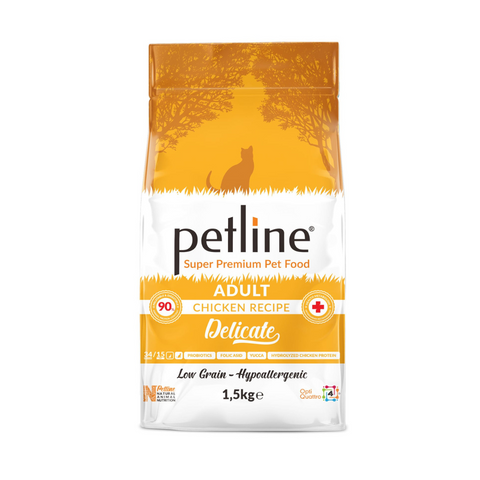Petline Super Premium Pet Food package for adult cats with a chicken recipe on a white background