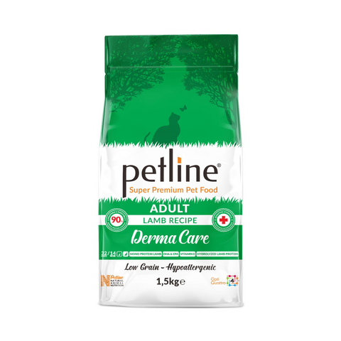 Petline adult lamb recipe Derma Care pet food bag on a white background