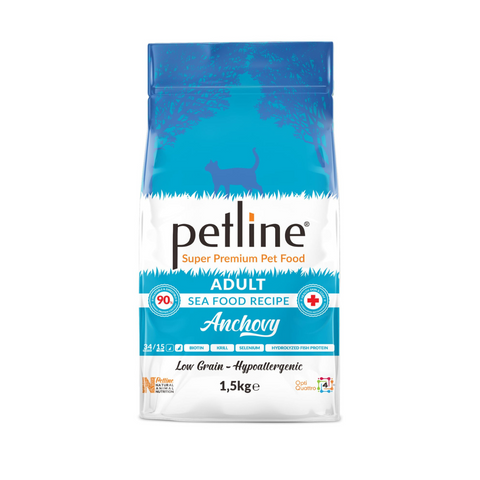 Petline super premium pet food package for adult with sea food recipe on a white background