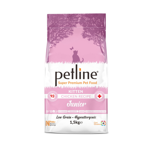 Petline kitten junior chicken recipe pet food package on a white background