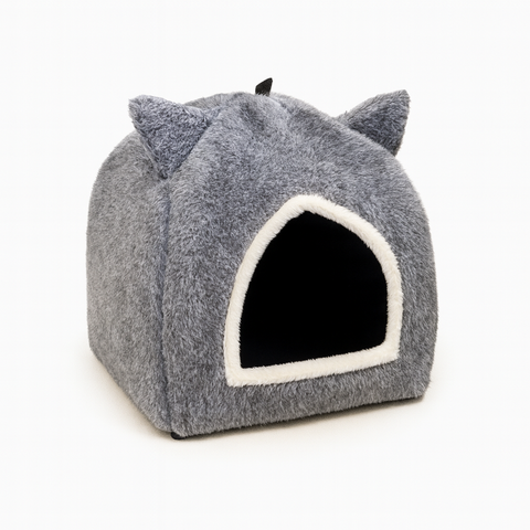 Gray pet bed with cat ears on a white background