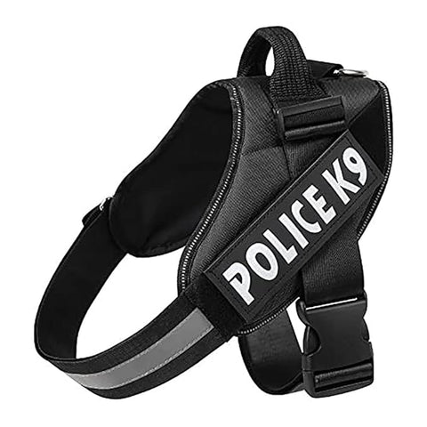 Black police K9 dog harness with reflective strip on a white background