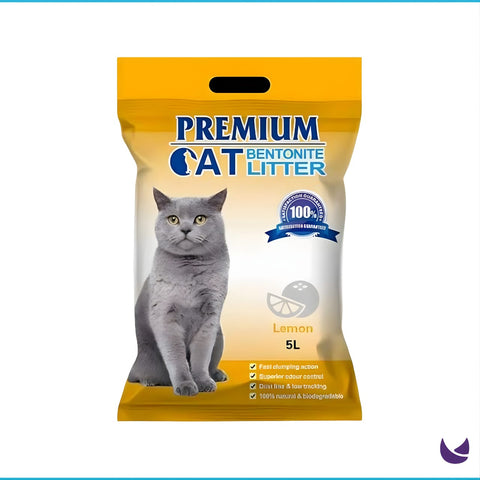 Bag of premium cat litter with a gray cat on the label
