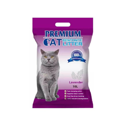 Bag of Premium Cat Litter with a cat on the packaging against a white background