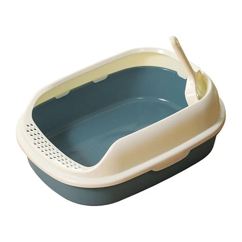 Pet litter box with a white rim on a white background