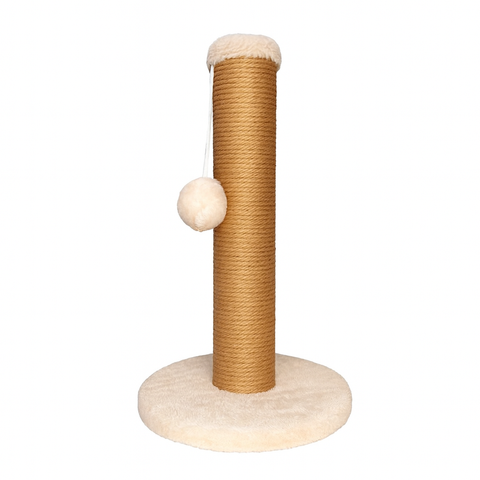 Cat scratching post with sisal rope and a ball on a white background