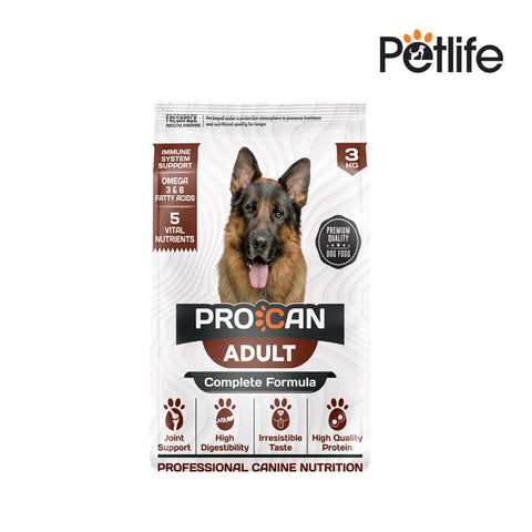 Pro Can Adult dog food package with a German Shepherd on a white background