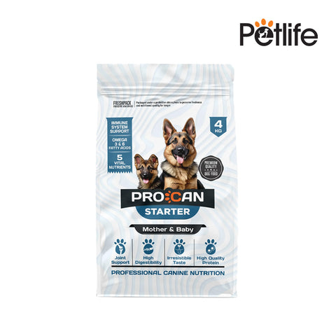 Pro Can Starter Mother & Baby dog food package with two dogs on a white background