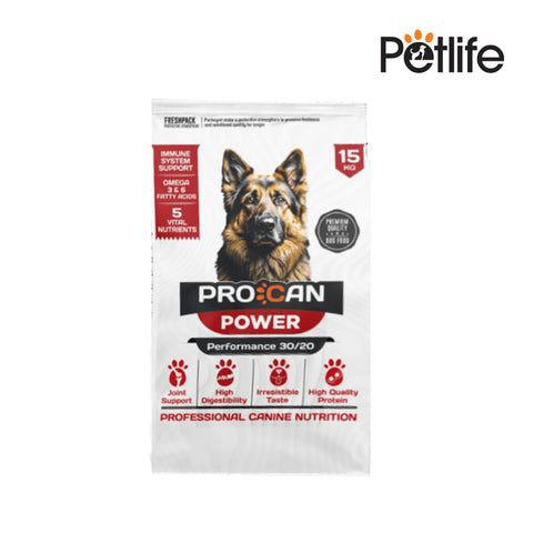 Pro Can Power dog food package with a German Shepherd on a white background