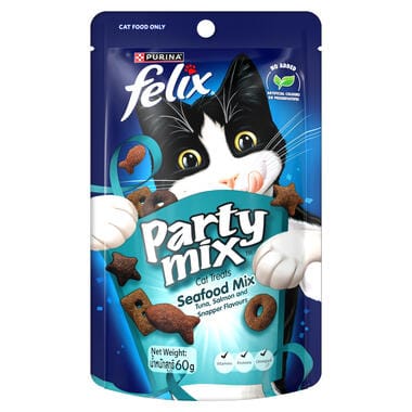 Felix Party Mix cat treat package with a cartoon cat on a blue background