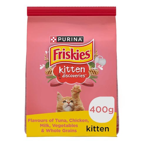 Purina Friskies Kitten Discoveries cat food package on a white background