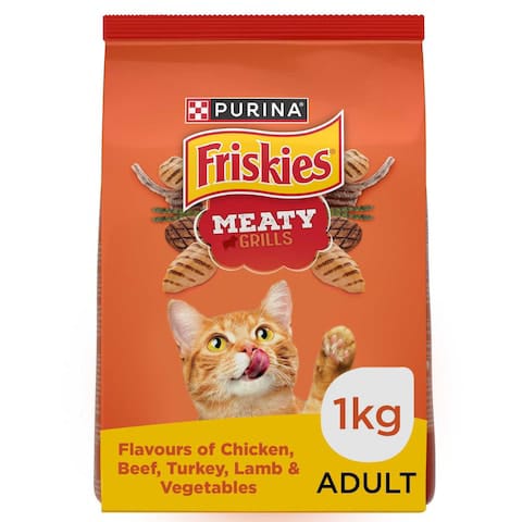 Purina Friskies Meaty Grills cat food package on a white background