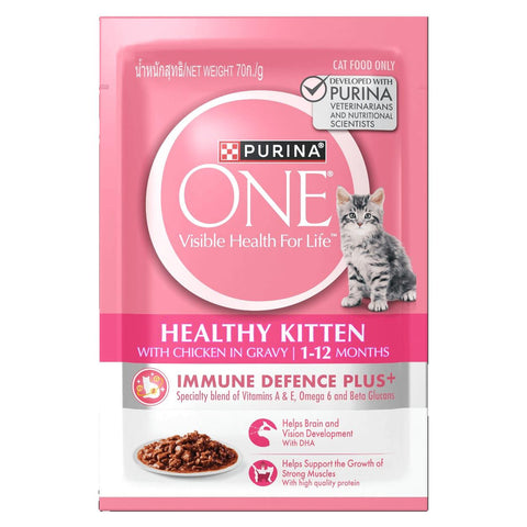 Purina One Healthy Kitten food package on a white background