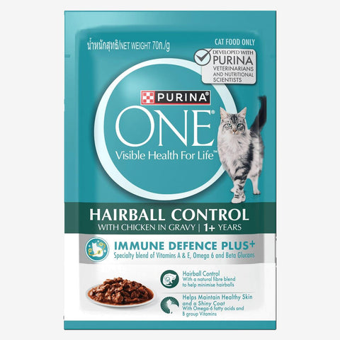 Purina One Hairball Control cat food package on a white background