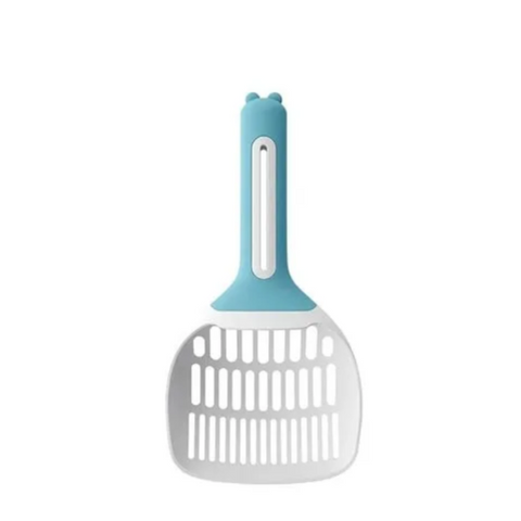 Cat litter scoop with blue handle on a white background