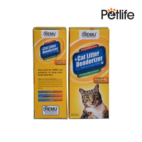 Two boxes of REMU Cat Litter Deodorizer with a cat on the label against a white background.